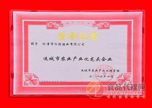 汾滨龙头企业荣誉证书